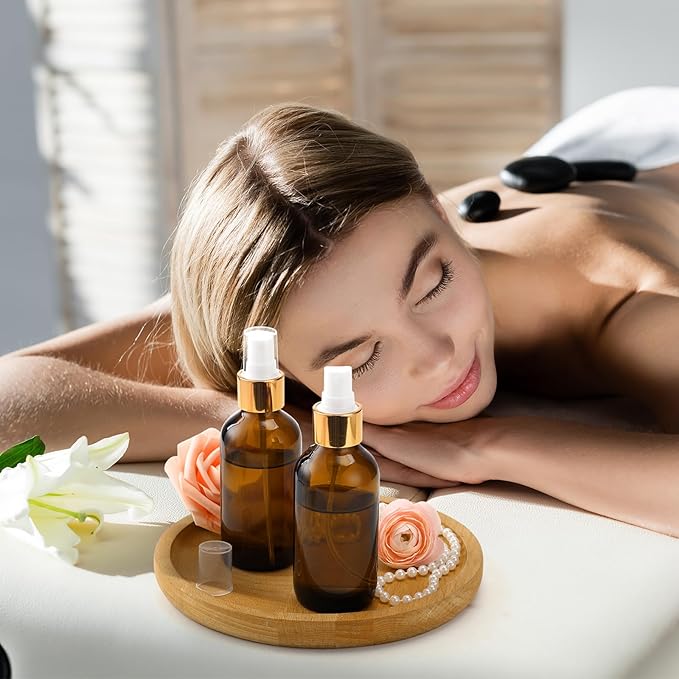 Fumete 2 Pack Glass Bottles 4oz Empty Refillable Liquid Containers with 1 Label 1 Funnel for Essential Oils Hair Travel Plants Cleaning Skin Care(Amber, Golden Top,Mist Bottle)