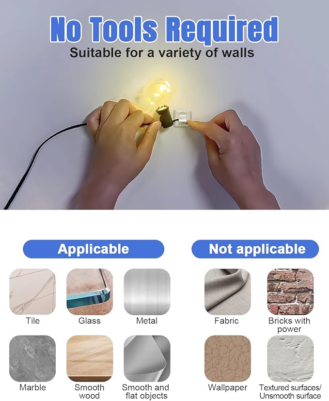 LZC Hooks for Outdoor String Lights Clips: 20 Pack Large Clear Rectangle Outdoor Light Clips Waterproof Adhesive Strips - Heavy Duty Outside Hanging Cable Rope Light Holders Organizer