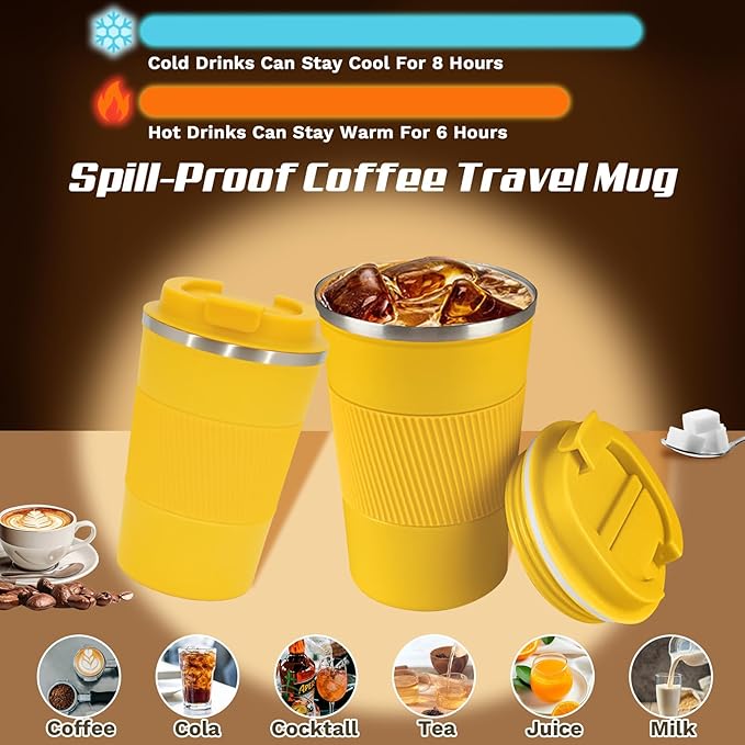 SPLMIFA Vacuum-Insulated Stainless Steel Travel Coffee Mug, Leak-Proof Reusable Coffee Cup with Lid-Keeps Drinks Hot & Cold for Hours, Durable Double Wall Tumbler for Men & Women (3rd-Yellow, 17OZ)