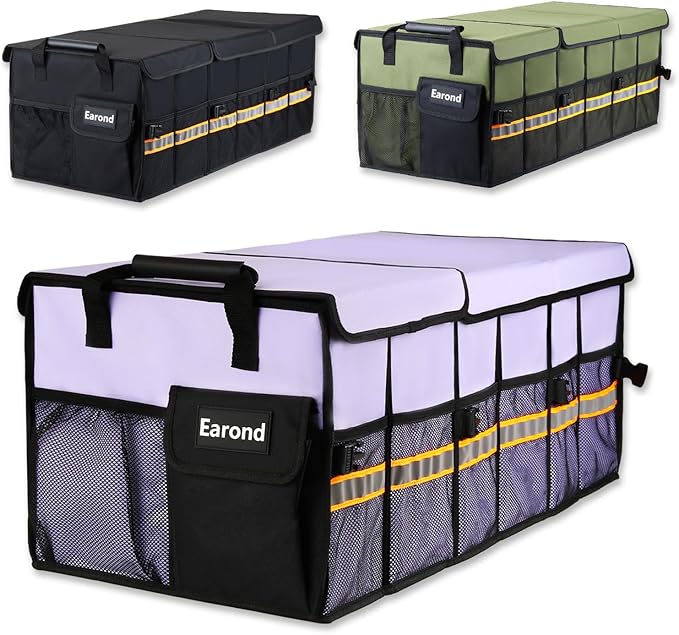 EAROND Car Trunk Organizer with Lid,Collapsible Car Storage Organizer with Multi Compartments and Securing Straps for SUV,Sedan,Jeep-Cyan