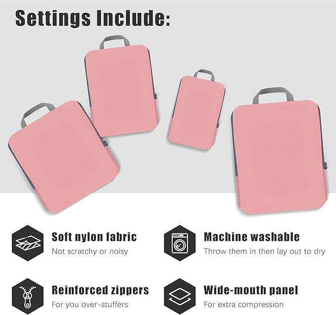 4 Set Compression Packing Cubes Travel - Travel Accessories Expandable Packing Organizers for Carry On - Essentials Luggage Bags - Pink