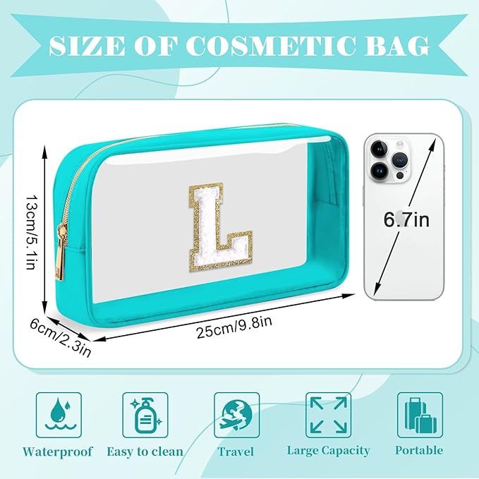 Personalized Initial Letter Clear Makeup Bag, Preppy Small Nylon & PVC Cosmetic Zipper Bag with Chenille Letter, Portable Beach Travel Skincare Toiletry Bag, Trendy Monogram Gift for Teen Girls Women, L