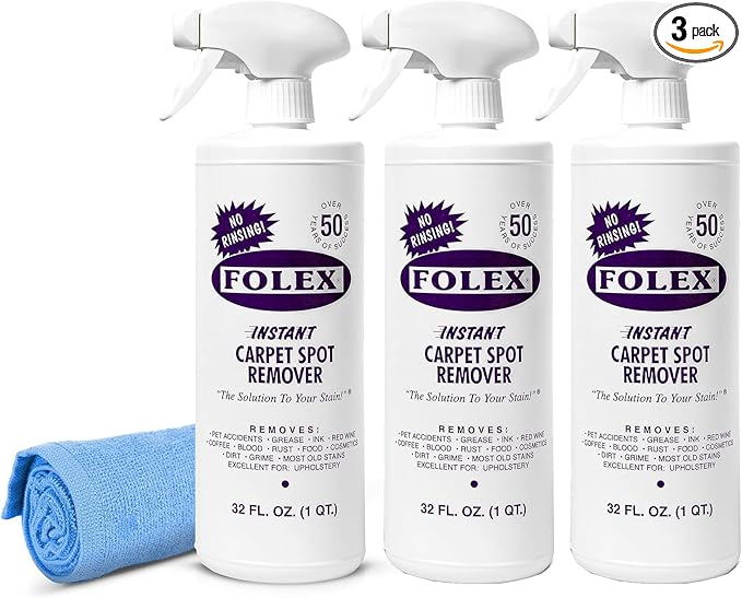 FOLEX Instant Carpet Spot Remover 32 oz – Powerful Stain Remover for Carpets, Upholstery & Rugs – Eliminates Pet Stains, Grease, Red Wine, Food, Makeup & More – With Reusable Cleaning Cloth - 3 Pack