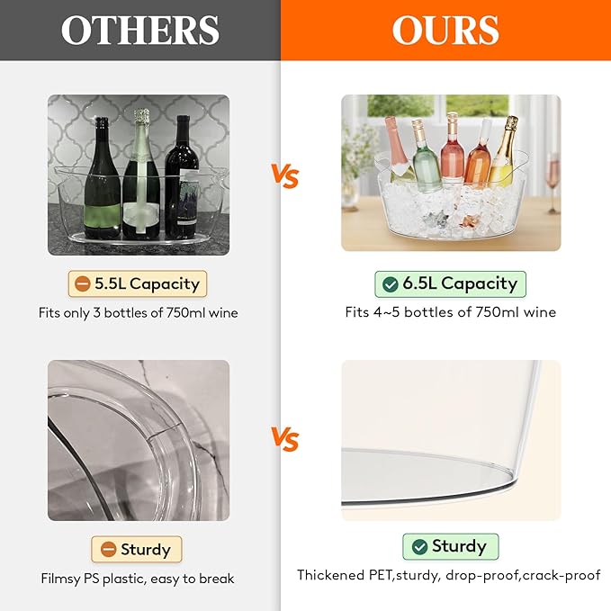 Lifewit 6.5L Ice Bucket for Parties 4 Pcs, Portable Drink Bucket for Cocktail Bar, Plastic Champagne Cooler for Beverage/Wine/Beer, Mimosa Bar Supplies Chiller Tub with Scoop 38 x18x20 cm/15x7x8"