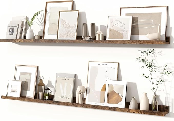 Fun Memories Picture Ledge Shelves Set of 2, 55 Inch Rustic Wall Mounted Floating Shelves with Lip for Home Storage and Decor in Bathroom, Kitchen, Nursery, Bedroom, Living Room, Brown