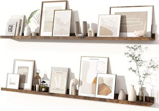 Fun Memories Picture Ledge Shelves Set of 2, 55 Inch Rustic Wall Mounted Floating Shelves with Lip for Home Storage and Decor in Bathroom, Kitchen, Nursery, Bedroom, Living Room, Brown