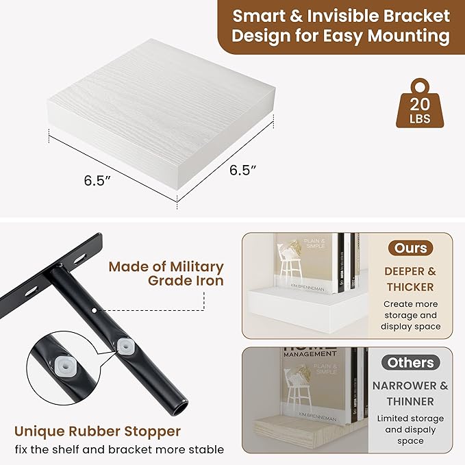 fuqing Floating Shelves for Wall, Wall Mounted Wood Floating Shelf with Invisible Brackets for Living Room, Bathroom, Bedroom, Kitchen Storage and Decor, 6.5 Inch Set of 3, White