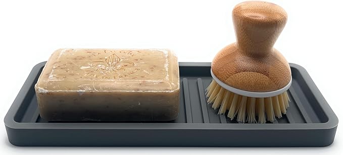Happitasa Silicone Kitchen Sink Organizer Tray, Sponge Holder and Countertop Protector | Bathroom and Kitchen Soap Dish and Dispenser Tray (Grey, 9"x3.5")