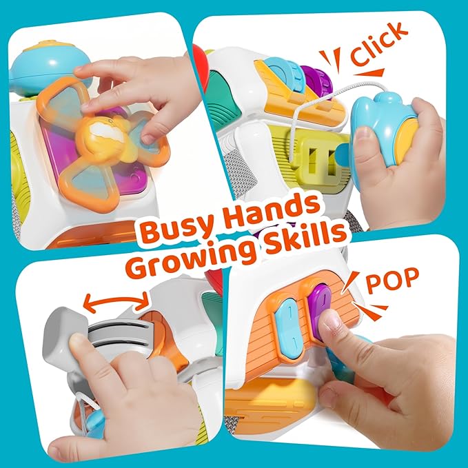 10-in-1 Montessori Busy Board for 1 Year Old - Toddler Toys 1-2 Years with Car Steering Wheel & Keys, Car Travel Toys for Toddlers 1-3, Sensory Activity Cube, Birthday Gifts Baby Boys Girls