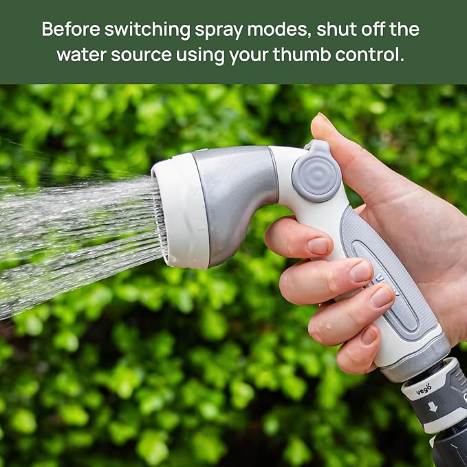 Vego Garden Hose Nozzle - 9 Spray Patterns, Metal, Thumb Control, On/Off Valve, High Pressure Heavy Duty Water Hose Spray Nozzle for Gardening, Lawn Care, and Cleaning Tasks-Cloud White