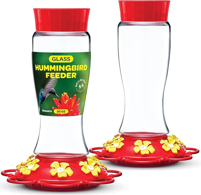 Hummingbird Feeder 30 oz [Set of 2] Glass Hummingbird Feeders for Outdoors - with Built-in Ant Guard - Circular Perch with 7 Feeding Ports - Wide Mouth for Easy Filling/2 Part Base for Easy Cleaning