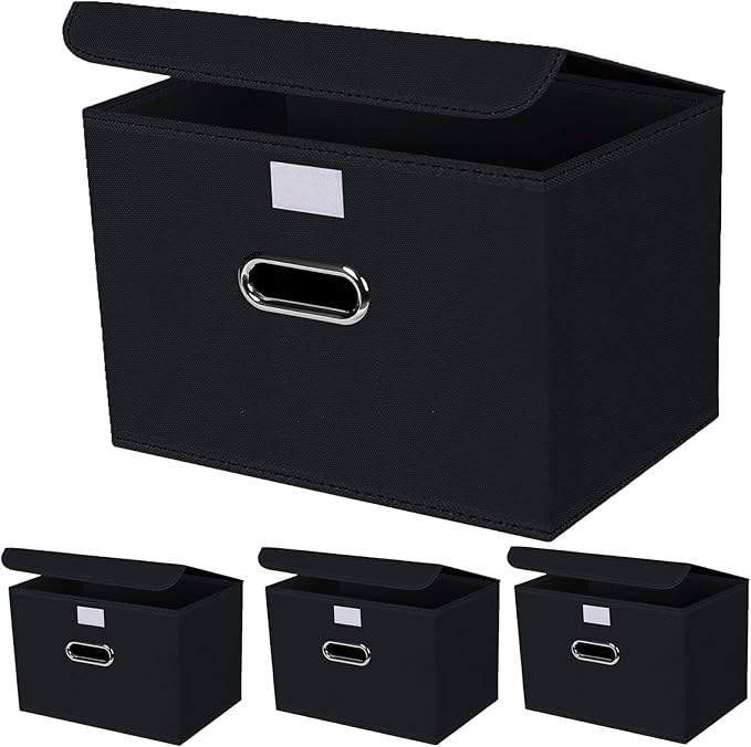 4-Pack Large Collapsible Storage Bins with Lids,Fabric Storage Cubes Organizer for Shelves,Closet,Nursery,Foldable Cube Storage Baskets with Handles,Home Boxes (14.9"x9.8",Black)