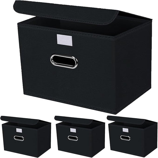 4-Pack Large Collapsible Storage Bins with Lids,Fabric Storage Cubes Organizer for Shelves,Closet,Nursery,Foldable Cube Storage Baskets with Handles,Home Boxes (14.9"x9.8",Black)
