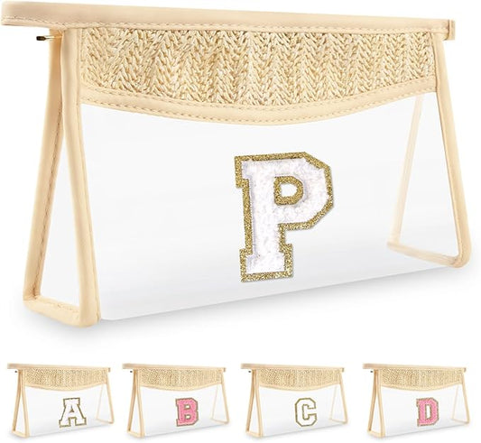 Personalized Initial Letter Bag Boho Straw Clear Makeup Bag, Small Cute Chenille Varsity Letter Pouch with Zipper, Beach Travel Toiletry, Portable Monogrammed Cosmetic Bag for Women Girls, P
