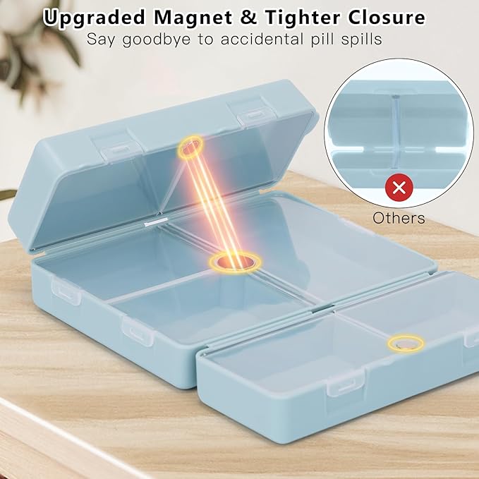 FYY Daily Pill Organizer,2 Pcs 7 Compartments Portable Pill Case Travel Pill Organizer,[Folding Design] Pill Box for Purse Pocket to Hold Vitamins,Cod Liver Oil,Supplements and Medication-Blue