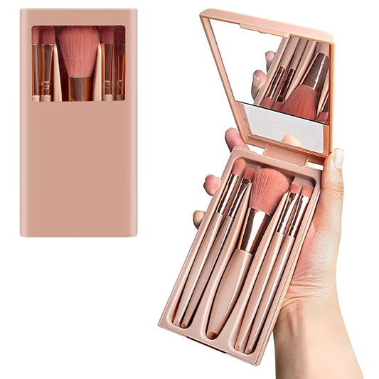 Travel Brush Set, Portable 5 PCS Mini Makeup Brushes with Mirror, Easy-taken Makeup Tool Set for Eyeshadow, Contour, Blush, Complete Function Cosmetic Profesional Tools (Brown)