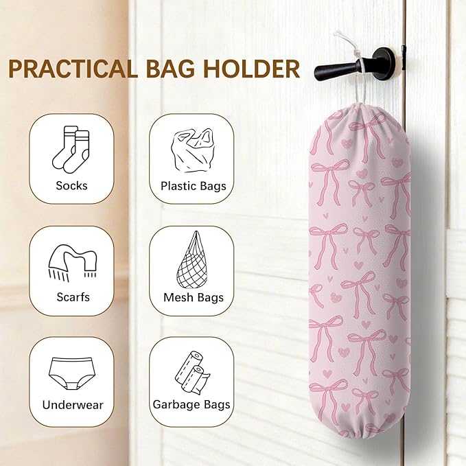 Pink Bow Plastic Bag Holder Dispenser, Plastic Grocery Bag Organizer & Wall Mount Paper Trash Bags Saver Storage for Kitchen Home Pantry Decor, Pink Bow Kitchen Decor Shopping Bags Storage Dispenser