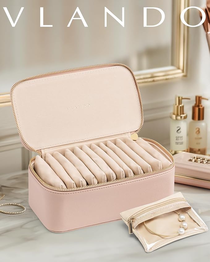 Vlando Jewelry Travel Case, Travel Jewelry Organizer with Clear Velvet Jewelry Bags 12Pcs Zipper Pouch for Women Wedding Gifts for Friends Sister-Khaki