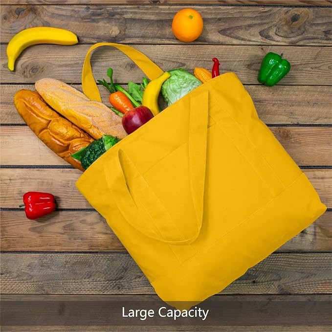 TOPDesign 3-Pack Canvas Tote Bags with an External Pocket, Reusable Grocery Shopping Bags, Top Zipper Closure, Daily Essentials (Yellow)