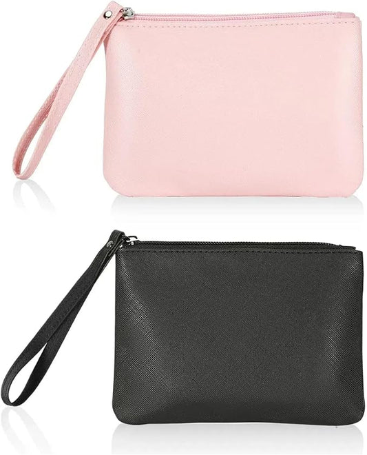 2 Pack Small Zipper Pouch Mini Makeup Bag for Purse Lipstick Cosmetic Travel Make Up Organizer for Women Essentials, Car Change Coin Holder 4.5 x 6.5 Clutch Stadium Approved Wristlet, Black Pink