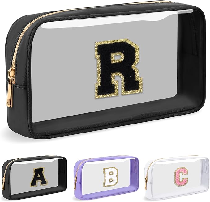 Personalized Initial Letter Clear Makeup Bag, Preppy Small Nylon & PVC Cosmetic Zipper Bag with Chenille Letter, Travel Skincare Toiletry Bag, Monogram Christmas Gift for Teen Girls Women, R