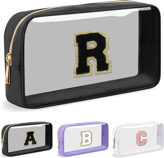 Personalized Initial Letter Clear Makeup Bag, Preppy Small Nylon & PVC Cosmetic Zipper Bag with Chenille Letter, Travel Skincare Toiletry Bag, Monogram Christmas Gift for Teen Girls Women, R