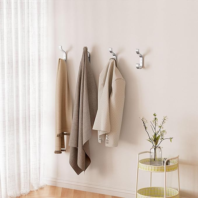 Coat Hooks Wall Mount for Hanging - Heavy Duty Backpack Hooks for Wall, Hold up to 30 lbs, Large Hanger Hooks for Towels, Purses, Clothes, Mudroom, Bathroom, Door, Silver, 4 Pack