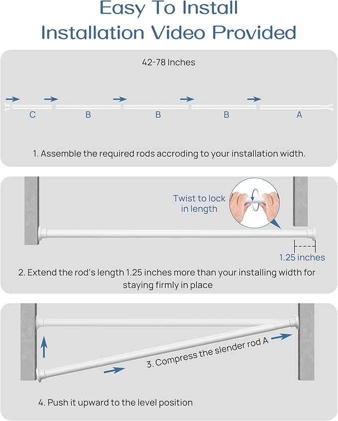 ALLZONE Adjustable Tension Curtain Rod, 42 to 78 Inches, Spring Loaded Curtain Rods No Drilling, Renter Friendly Tension Rod for Windows, Shower, Closet, No Drill, Non-Slip, White