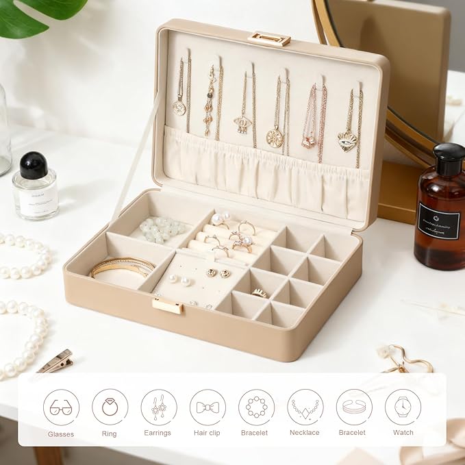 Leather Jewelry Box Elegant Small Jewelry Chest for Women Gift Box for Necklace, Ring, Earring Storage Portable Design for Travel & Home Use Apricot