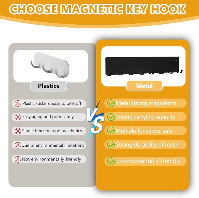 Magnetic Key Holder for Frideg,Heavy Duty Strong Magnetic Key Hanger with 8 Hooks for Refrigerator,Magnetic Kitchen Utensil Holder for Metal Surface in Entryway,Garage,Pantry (Black)