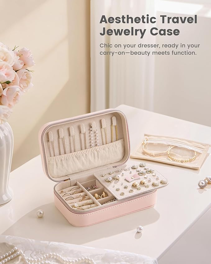 Lolalet Travel Jewelry Case for Women Girls, Travel Jewelry Organizer with Clear Storage Bag Small Portable Jewelry Box for Necklace Bracelet Earring Ring Valentines Bridesmaid Gifts -Medium/Pink
