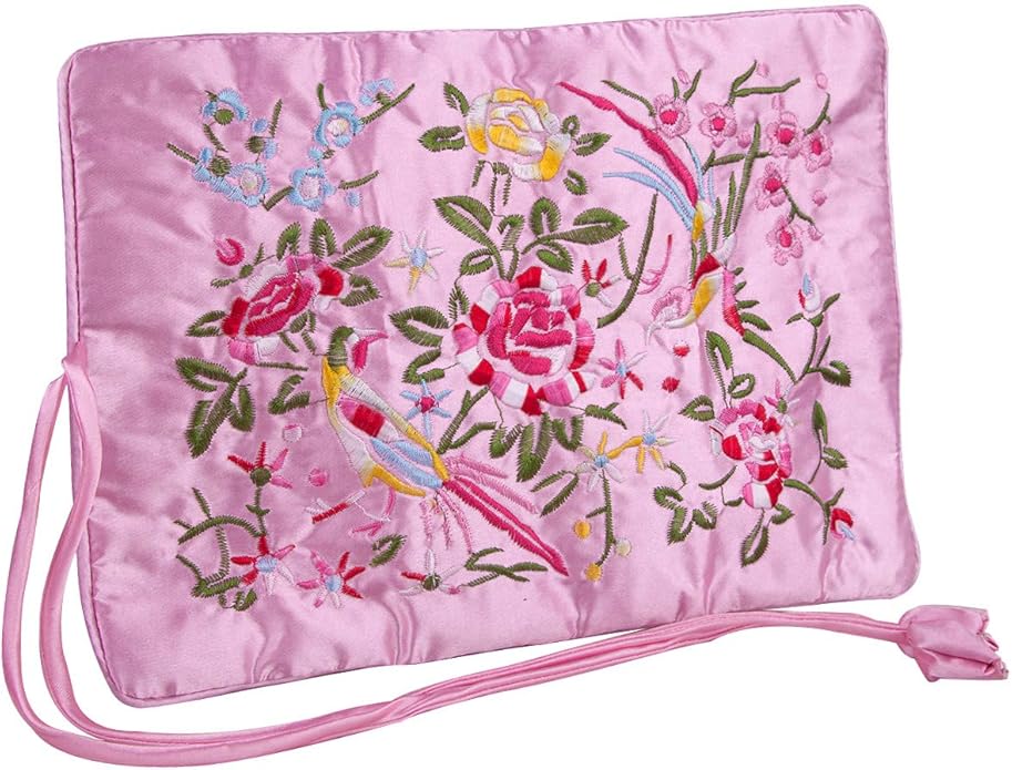 TUMBEELLUWA Embroidery Travel Jewelry Bag Roll Embroidered Flower and Bird Brocade Organizer with Tie Close