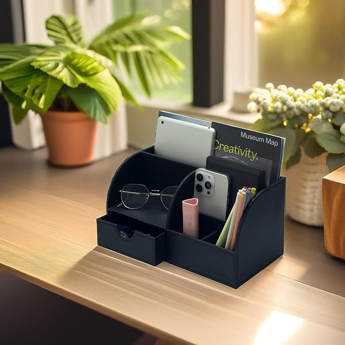 UnionBasic Desk Organizer - Multifunctional Leather Desktop Pen Holder Storage Box - Business Card/Pen/Pencil/Mobile Phone/Stationery Holder, Black Revised