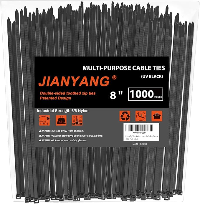 8 Inch Zip Ties Double Sided Toothed (Bulk 1000 Pack Black), 65lbs Tensile Strength Heavy Duty Cable Wire Ties with Self-Locking Adjustable Nylon Tie Wraps for Indoor Outdoor (Patented Design)