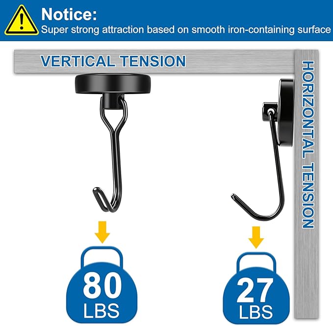 E BAVITE Magnetic Hooks, 80lbs+ Magnet Hook 2026 Cruise Cabin Ship Essentials Heavy Duty Strong Magnets Refrigerator Fridge Hanging for Classroom Beach Vacation Kitchen Grills Home 6pcs (Black)