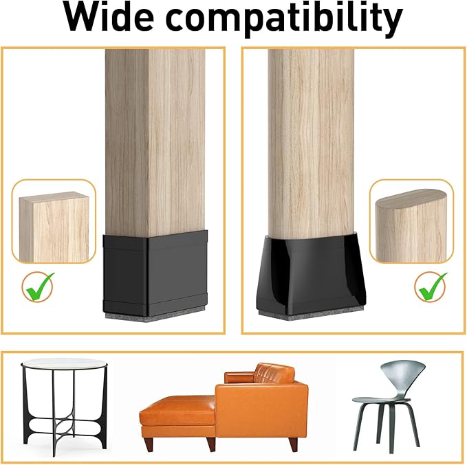 3/4" x 1 1/2" Rectangle Chair Leg Protectors for Hardwood Floors, Silicone Covers to Protect Wood Tile Floors Felt Pads Furniture Leg Caps Reduce Noise. Easy to Move. 16PCS Black.