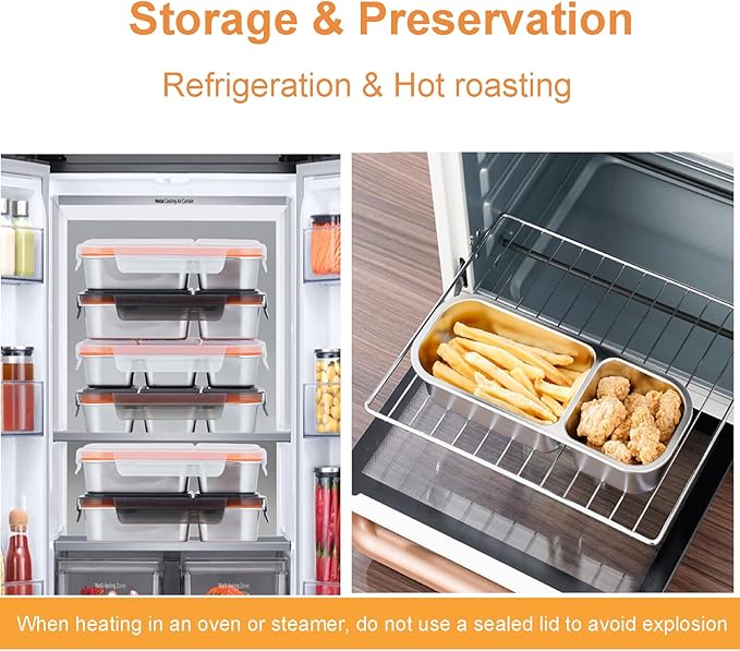 1PC 2 Compartment Grab and Go Snack Containers with Spoon Fork, Reusable Stainless Steel Snack Containers with Lids, Double Compartment Condiment Container for Travel and Outdoor Camping (1)
