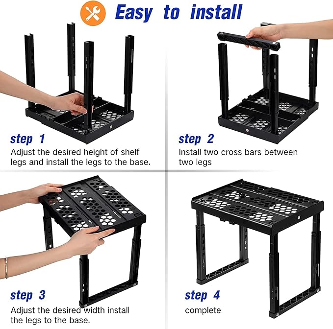 Locker Organizer Shelf， Adjustable Width and Height, Stackable, Ideal Locker Shelf for School, Office, Gym Lockers, or Even Kitchen Cabinets & Under Sink Organization (Black)