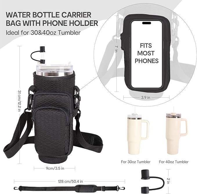 &And Per Se Neoprene Water Bottle Carrier Bag for Stanley 40oz Tumbler, Crossbody Sling with Phone Pocket & Detachable Strap, Adjustable Shoulder Holder Pouch with Charm, for Gym Travel(Black)