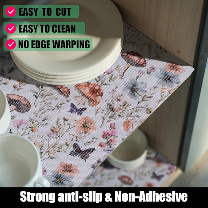Mushroom 24IN x 10FT Shelf Liners Non-Adhesive and Strong Non-Slip Shelf and Drawer Liners for Kitchen Cabinet Wire Fridge, Waterproof Shelf Drawer Liner, Easy to Clean