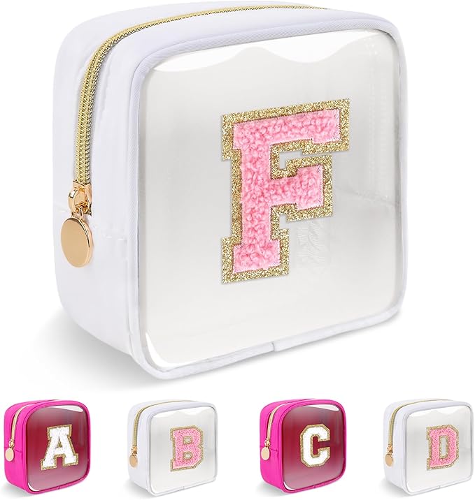 Personalized Initial Letter Clear Preppy Makeup Bag, Mini Nylon Chenille Letter Cosmetic Bag Cute Zipper Pouch Purse for Teen Girls, Portable TSA Approved Beach Travel Essentials Bag Gift for Women, F