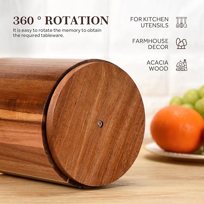 Wooden Utensil Holder,360°Countertop Rotating Extra Large Cooking Utensil Holder 7.6" Kitchen Holder,Kitchen Utensil Organizer for Countertop Farmhouse Decor
