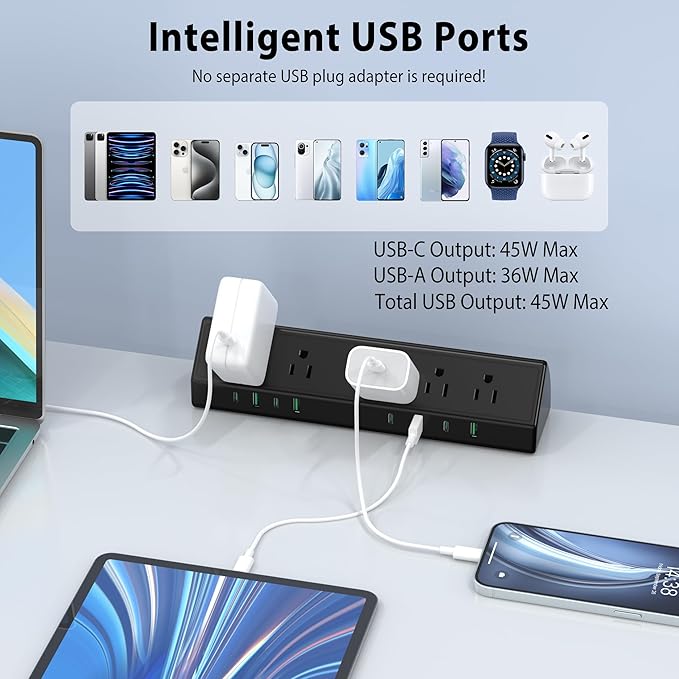 Jgstkcity Desk Clamp Power Strip, 45W Fast Charging Station, 4 USB-C, 4 USB-A, Desk Mount Surge Protector, 1875W Extension Cord with Multiple Outlets, ETL Listed, for Home Office Dorm Room