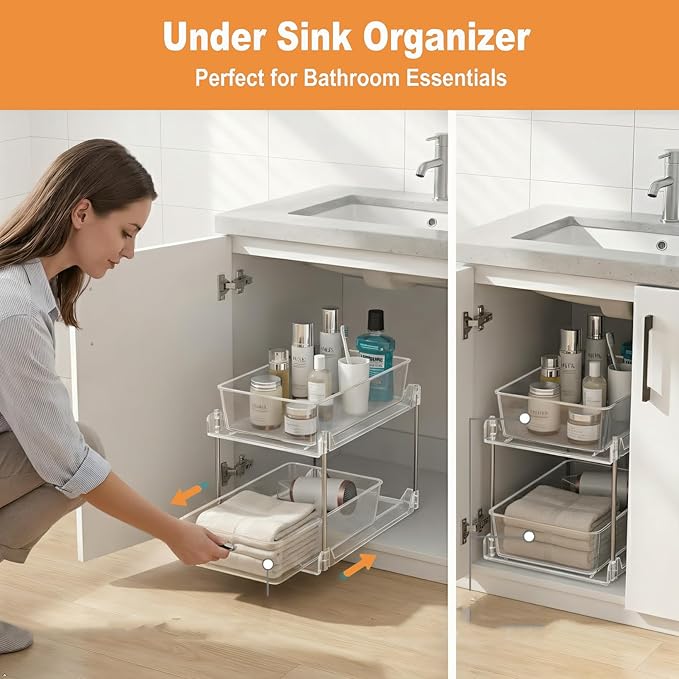2 Pack Clear Under Sink Organizers, Pull Out Cabinet Organizer,2 Tier Bathroom Storage Organizer,Cabinet Drawers Organization Bins with Track for Kitchen,Pantry,Fridge,Vanity