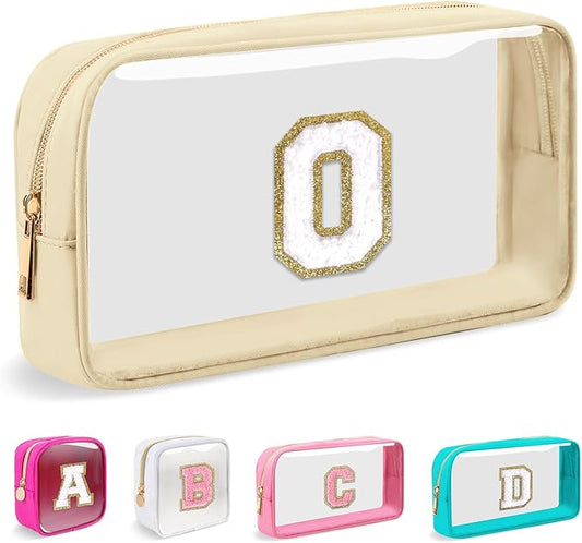 Small Clear Personalized Initial Makeup Bag, Preppy Nylon A-Z Chenille Letter Patch Makeup Organizer TSA Approved Travel Toiletry Bag,Waterproof Zip Beach Cosmetic Pouch Purse for Women(Beige-White O)