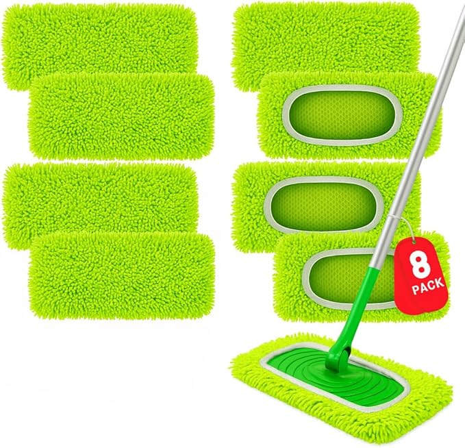 8 Pack Chenille Mop Pads, Reusable Microfiber Mop Refills for 10''–12'' Flat Mops, Washable Wet & Dry Floor Pads for Hardwood, Tile, Compatible with Swiffer Sweeper