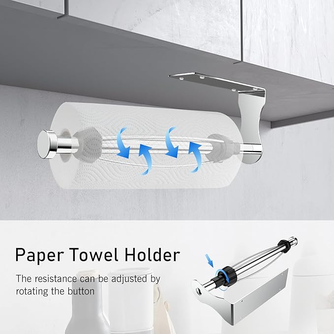 SetSail Paper Towel Holder, Single-Hand Operated Under-Cabinet Paper Towel Holder with Adjustable Damper, Easy Tear, Wall Mount Self-Adhesive or Drilled for Kitchen Bathroom, Mirror Silver