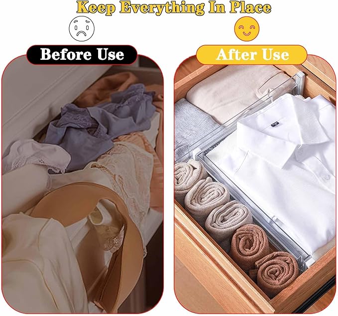 ChefktCove 8 Pack Drawer Dividers for Clothes, 3.15" High 11.34"-19.69" Adjustable Expandable Dresser Drawer Organizer, Clear Plastic Separators for Dresser, Baby Clothing, Underwea
