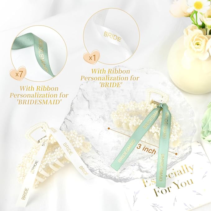 DEEKA Bridesmaid Proposal Gifts 8 Pack Pearl Bridesmaid Hair Claw Clips with Ribbon 3 Inch Hair Clips Bachelorette Party Favors Bridal Party Present Hair Accessories (Half Circle White&Green)