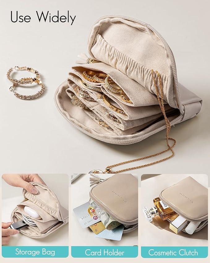 Vlando Small Travel Jewelry Organizer, Jewelry Pouch Bags, Velvet Jewelry Storage Bag for Bracelet Rings Earring, Portable Jewelry Travel Case for Traveler - Apricot Pink